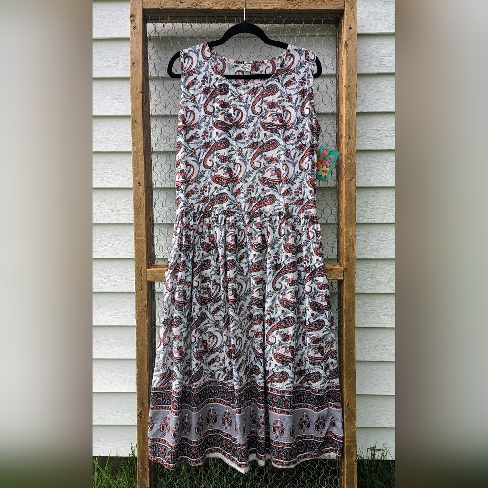 Vintage 90s Indian Cotton Paisley Floral Midi Dress Exc Pockets Retro Boho